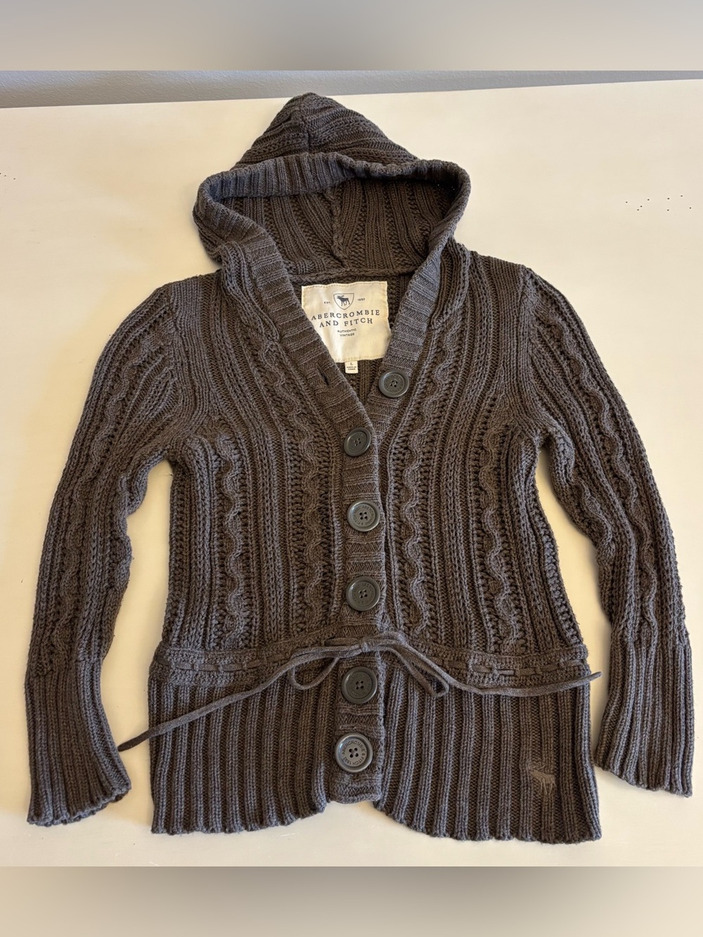 Vintage Y2K Abercrombie & Fitch L Brown Cable Knit Hooded Belted Cardigan